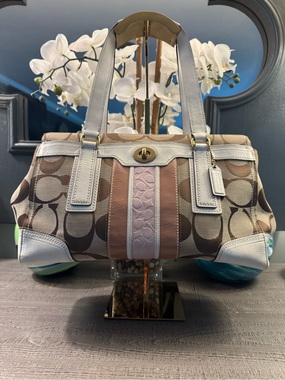 Coach Hampton Carryall Turnlock Signature Logo Center Pink & Tan Web Stripes EUC